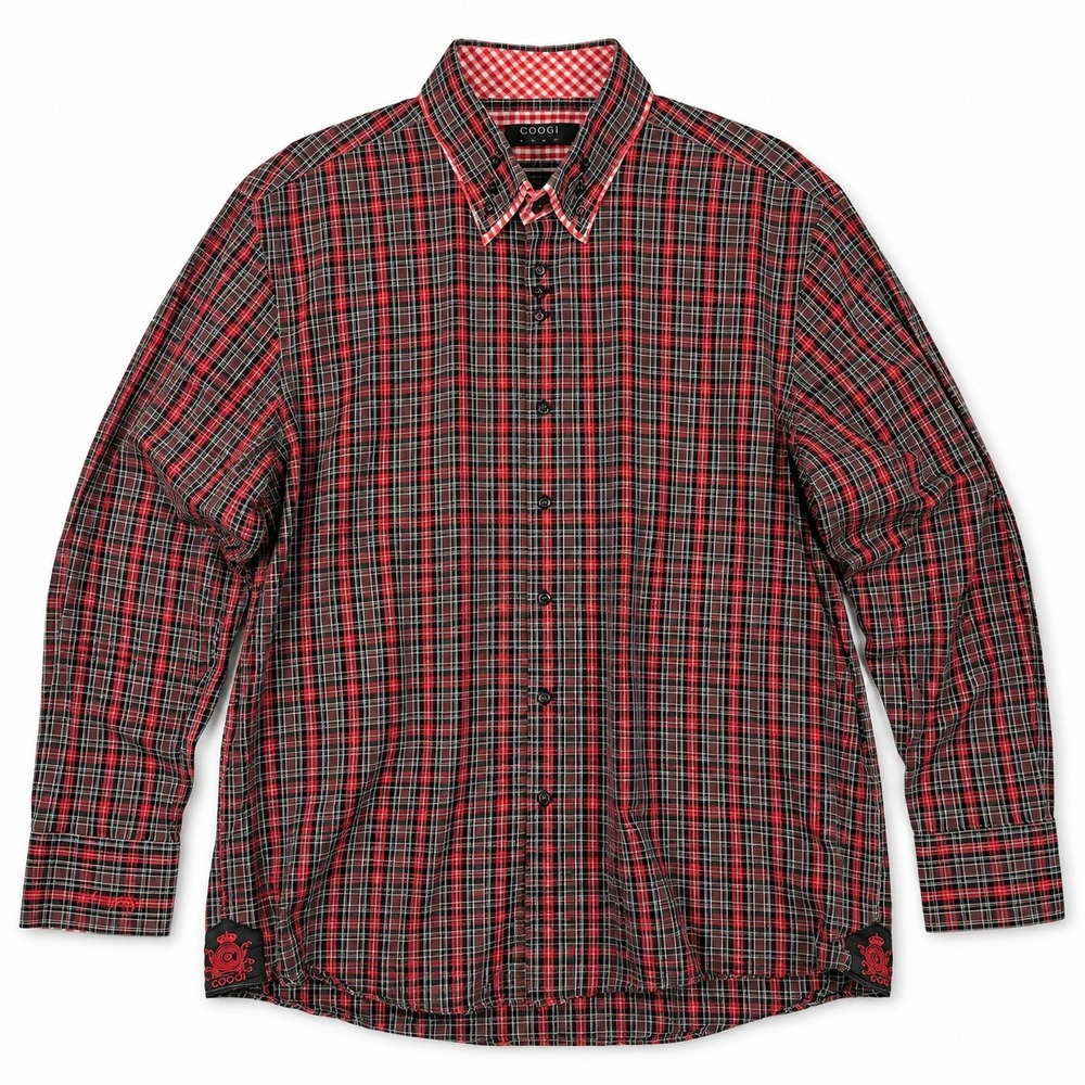 Coogi Luxe Plaid Shirt Mens 4XL Red Black Long Sleeve Button Down Embroidered